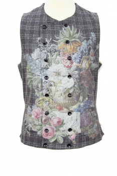 Marc Point Grey/Blue Check with flower print Double-breasted Waistcoat Vest